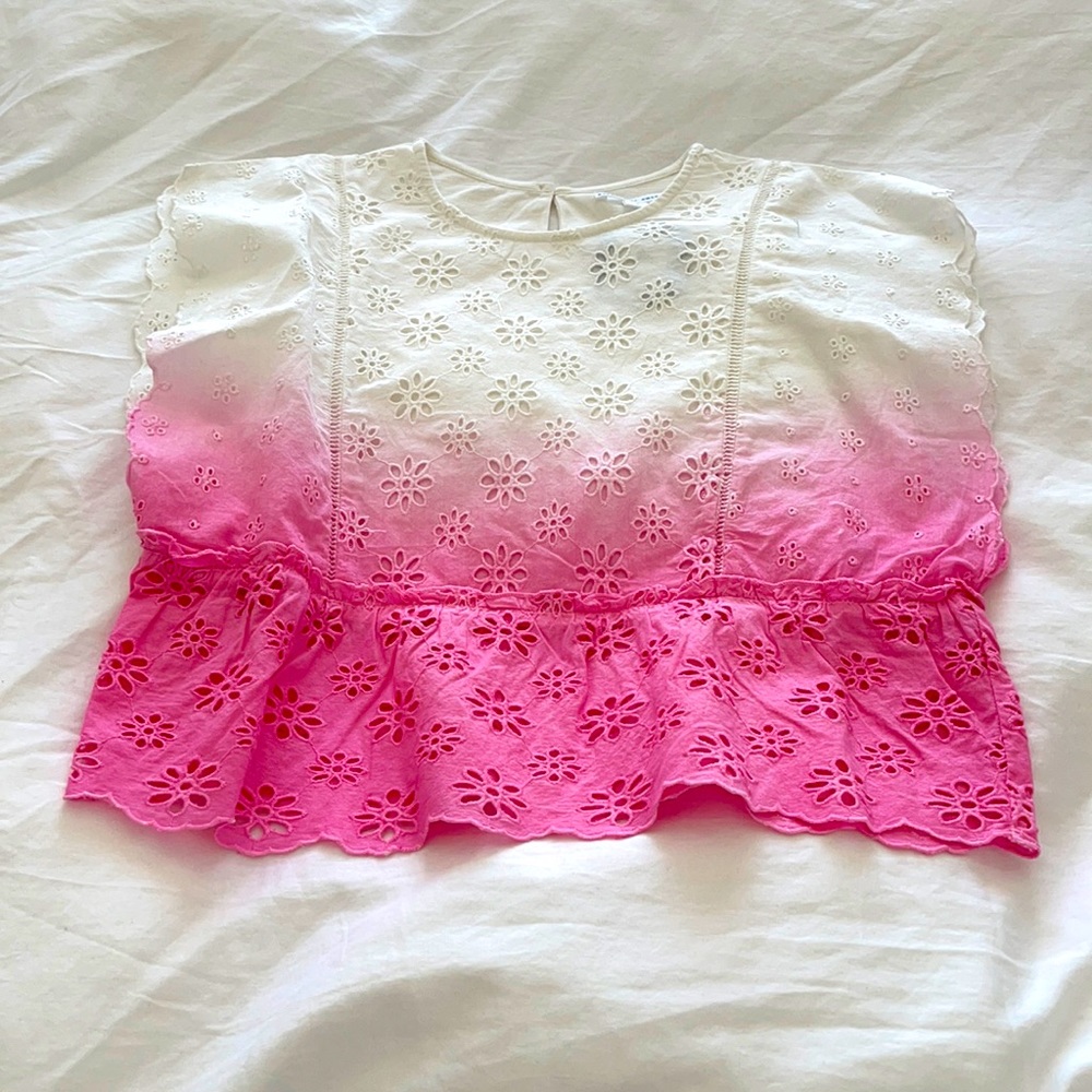 Pink and White eyelet cap sleeve top.